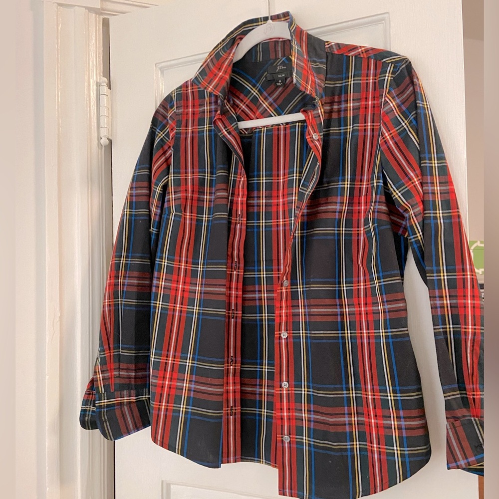 J.Crew, black and red plaid button down